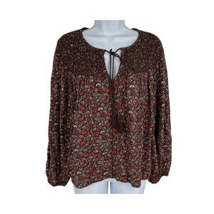 Lucky Brand Womens Bohemian Floral Print Long Sleeve Peasant Top Size S